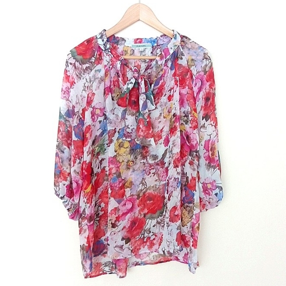 Pleione Sheer Colourful Flowers V Neck Blouse